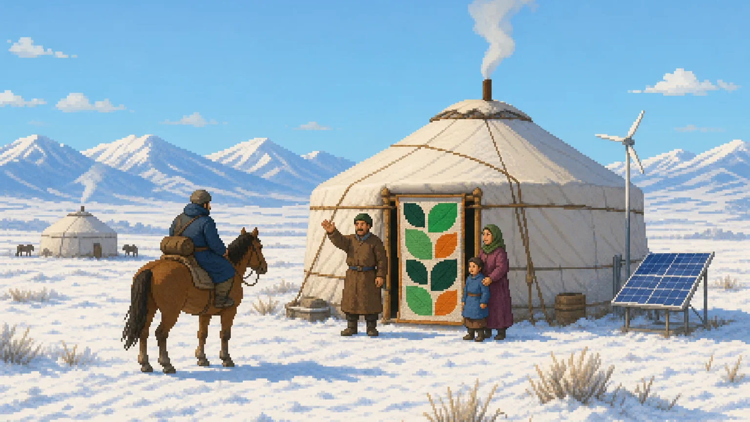 A family welcomes a rider at the door of a felt tent on a snowy steppe, the door hanging woven with green and orange leaf tiles.