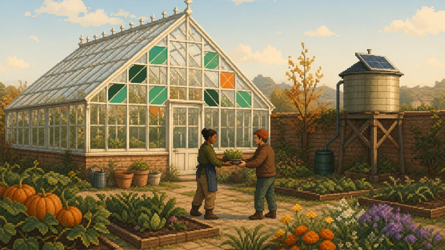 Two gardeners pass a pot of seedlings in a walled kitchen garden, some of the glasshouse panes set in green and orange mosaic glass.