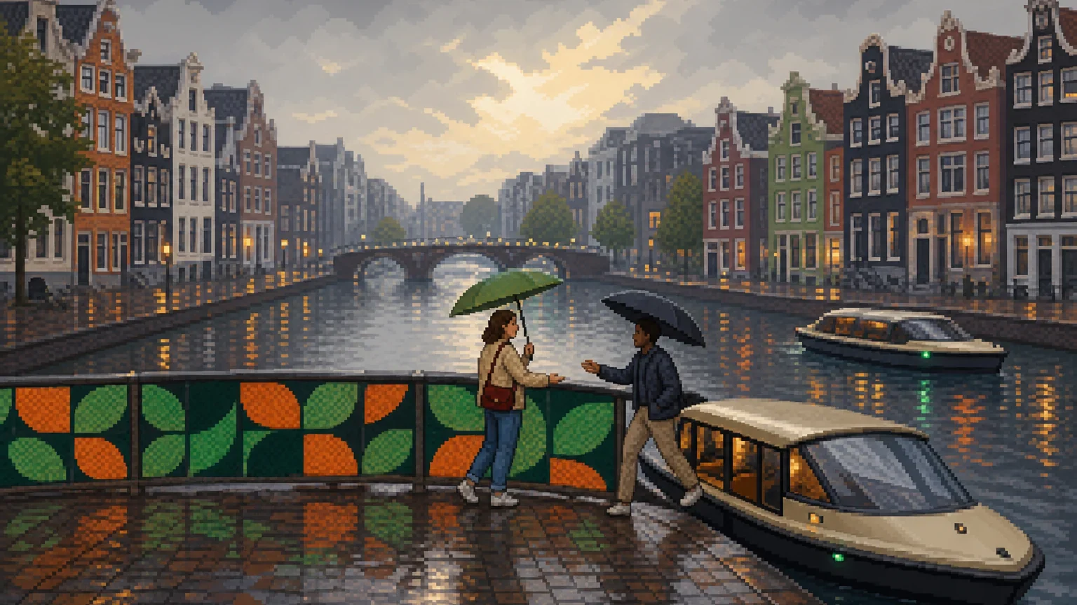 One friend steps off a water taxi to meet another under umbrellas on a rainy canal bridge, beside a railing of green and orange leaf tiles.