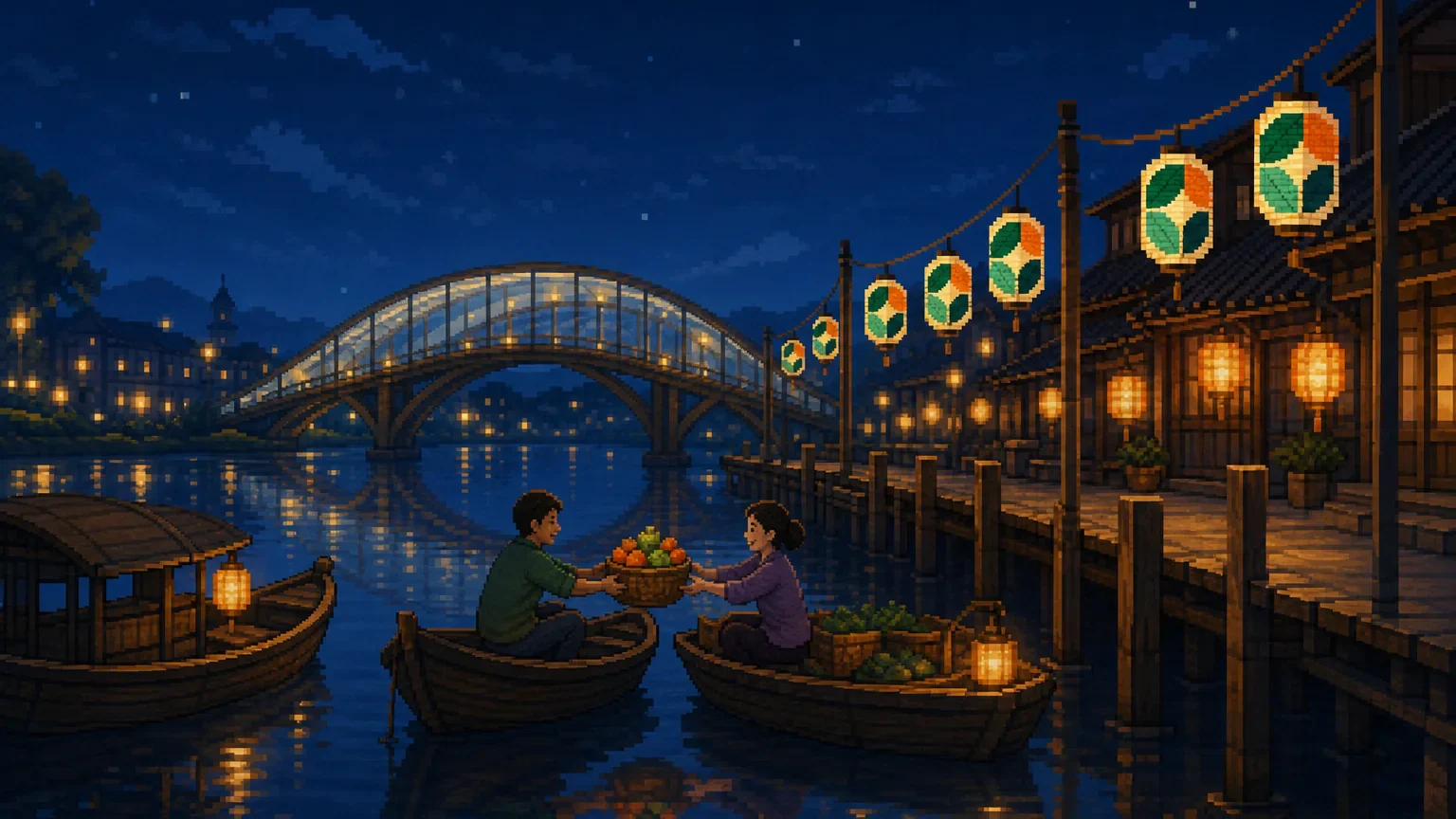 Two people hand a basket of fruit between boats at a night river town, under lanterns patterned with green and orange leaf tiles.