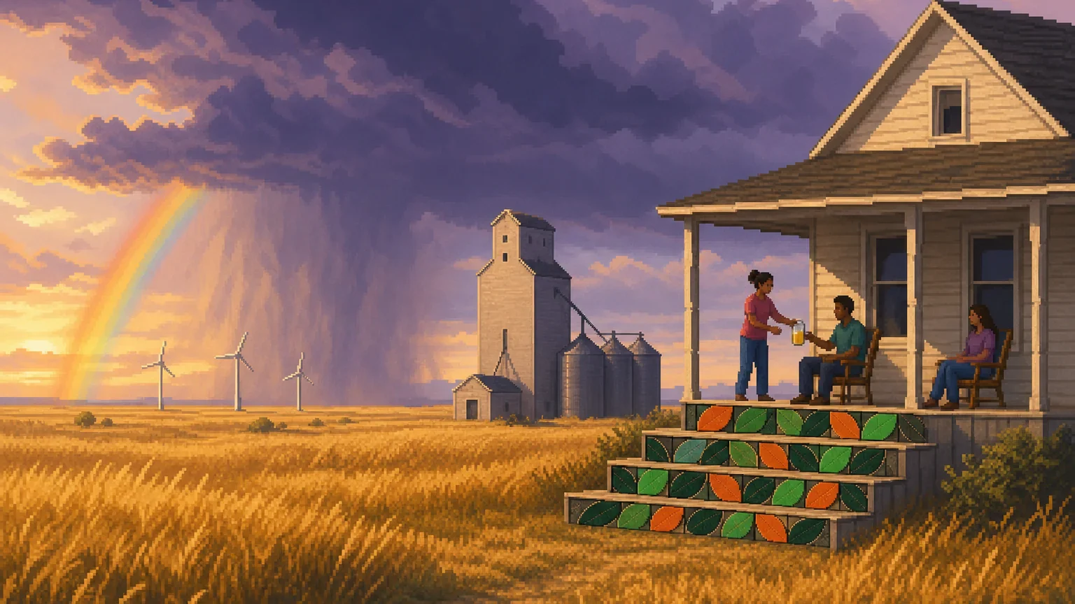 Neighbours on a prairie porch watch a storm pass, the porch steps laid with green and orange leaf tiles.