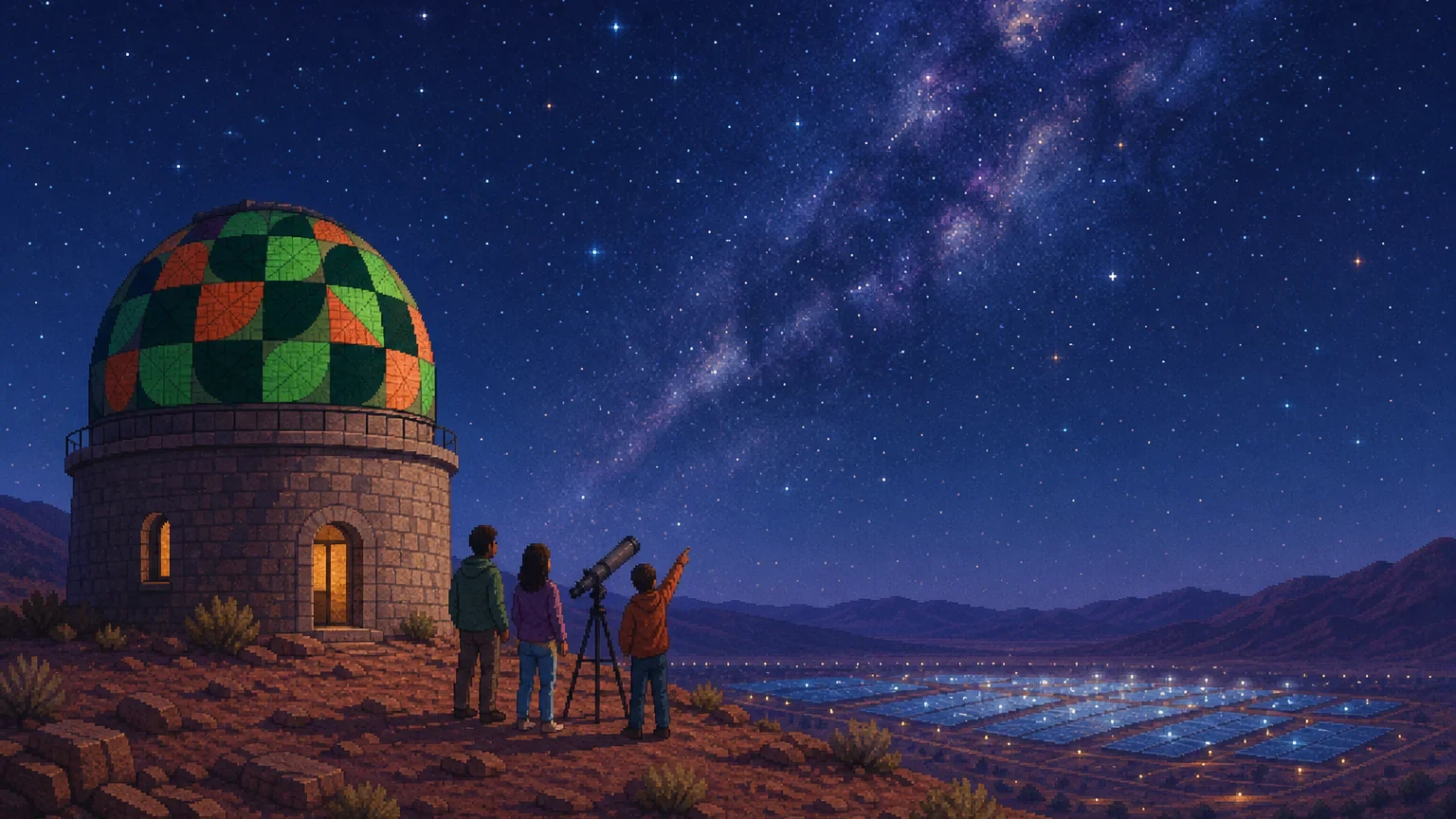 Three people share a telescope under the Milky Way beside a desert observatory whose dome is tiled in green and orange leaves.