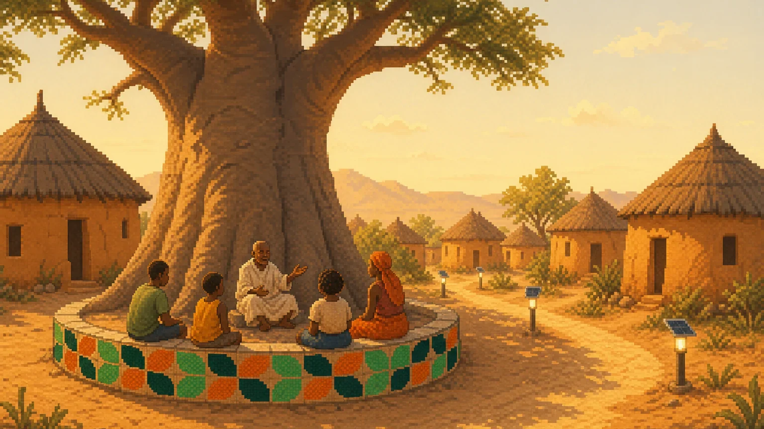 Villagers gather in the shade of a giant baobab around a storyteller, on a bench laid with green and orange leaf tiles.