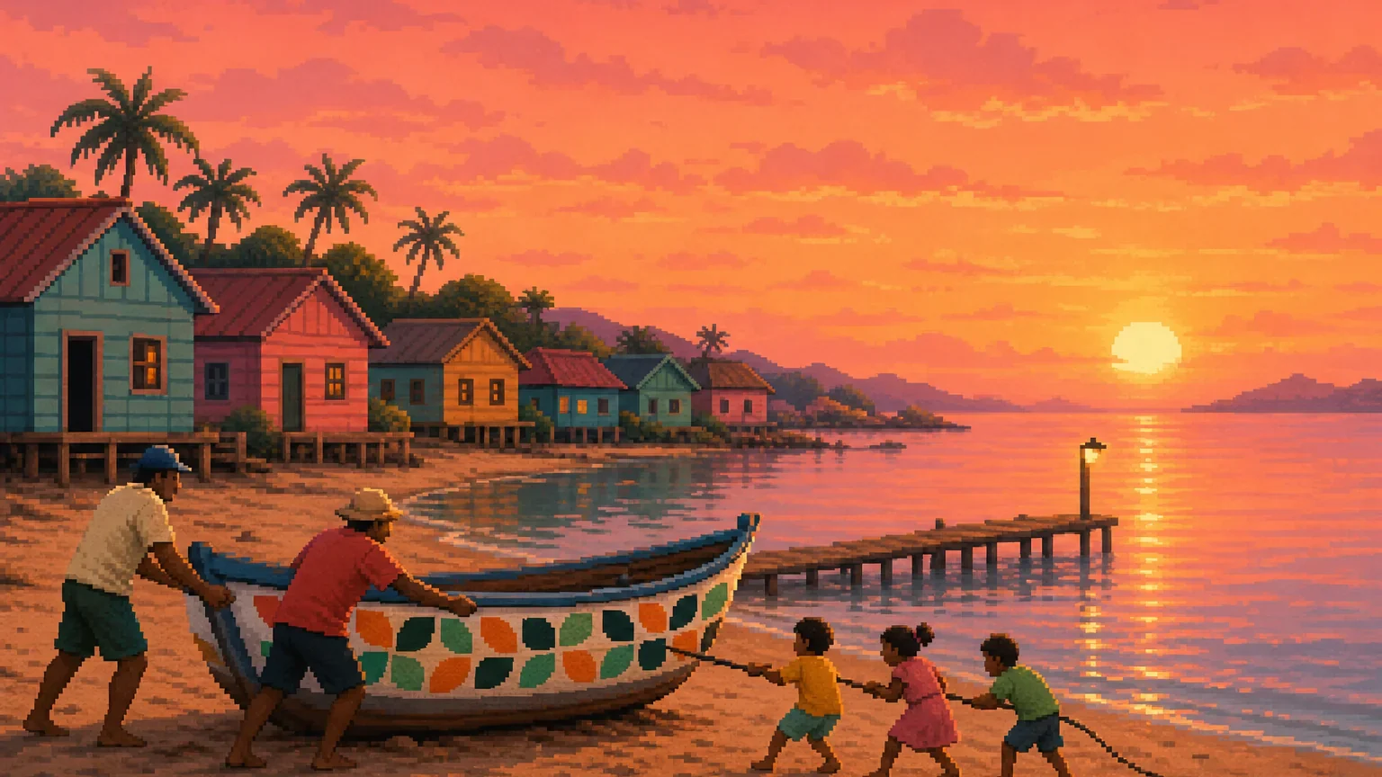 Fishermen and children pull a boat painted with green and orange leaf tiles up the beach of a village at a coral sunset.