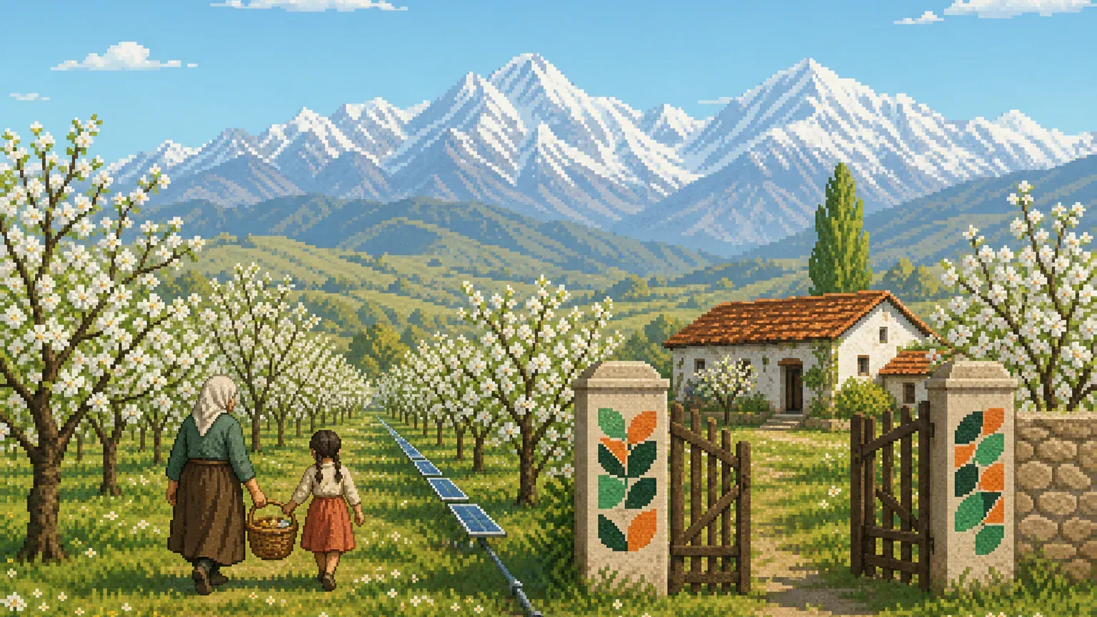 A grandmother and a girl carry a basket through an apple orchard in blossom below snowy mountains, toward a farmhouse gate whose pillars carry green and orange leaf tiles.