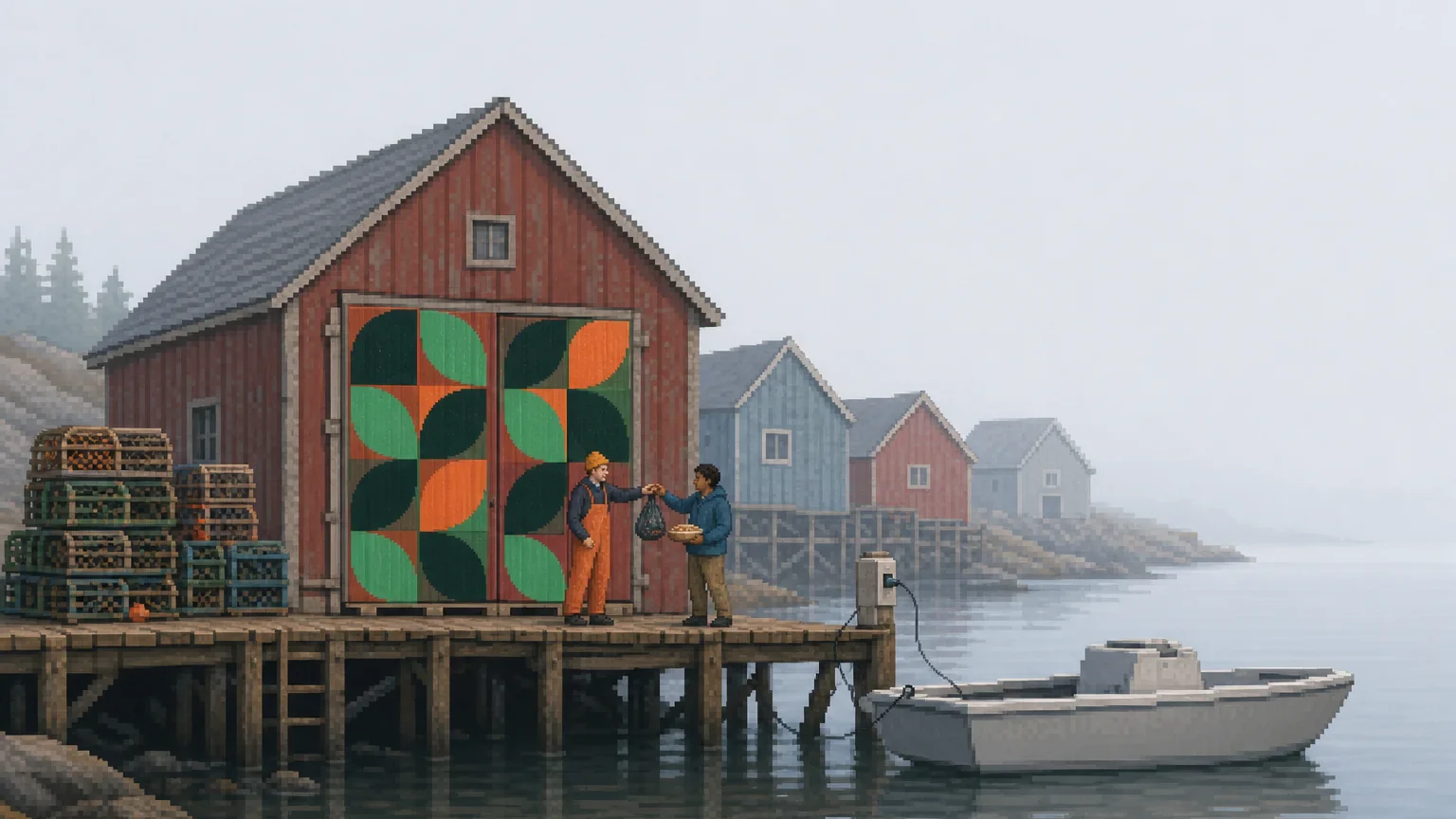 A fisherman hands a bag of mussels to a neighbour bringing him a pie on a foggy wharf, in front of a red fish shed whose doors are patterned in green and orange leaf tiles.