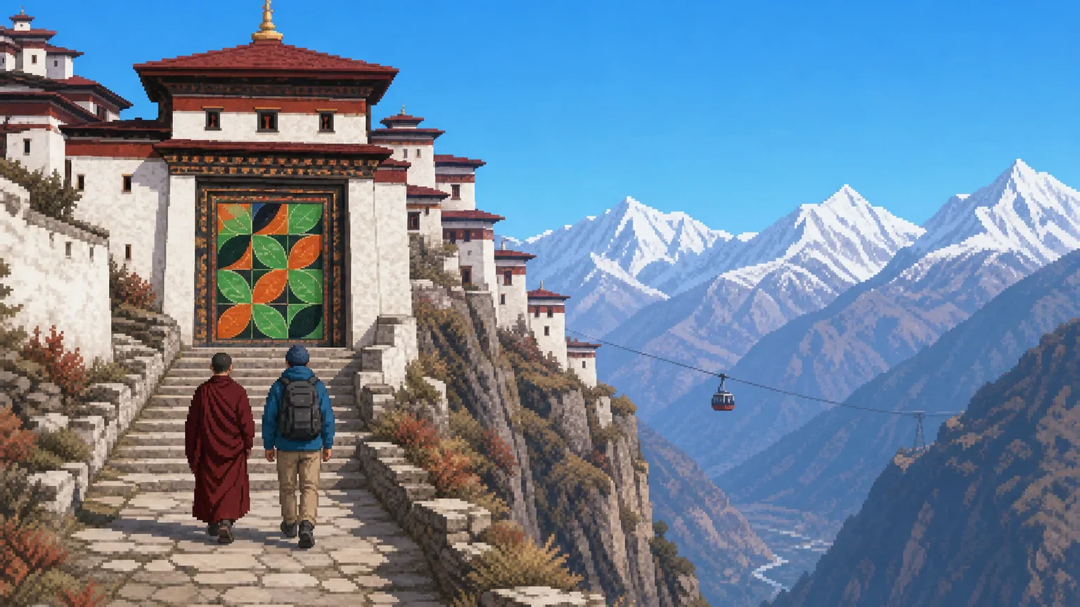 A monk and a trekker climb stone steps to a cliffside monastery whose great door is decorated with green and orange leaf tiles.