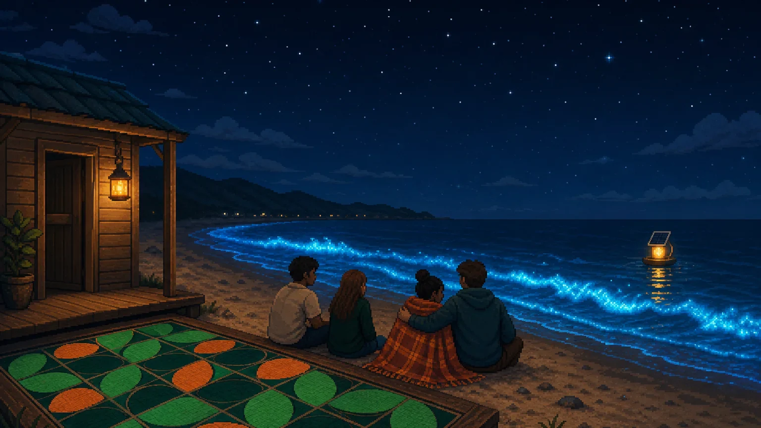 Four friends sit on a night beach watching glowing blue waves, one wrapping a blanket around another, beside a hut deck laid in green and orange leaf tiles.