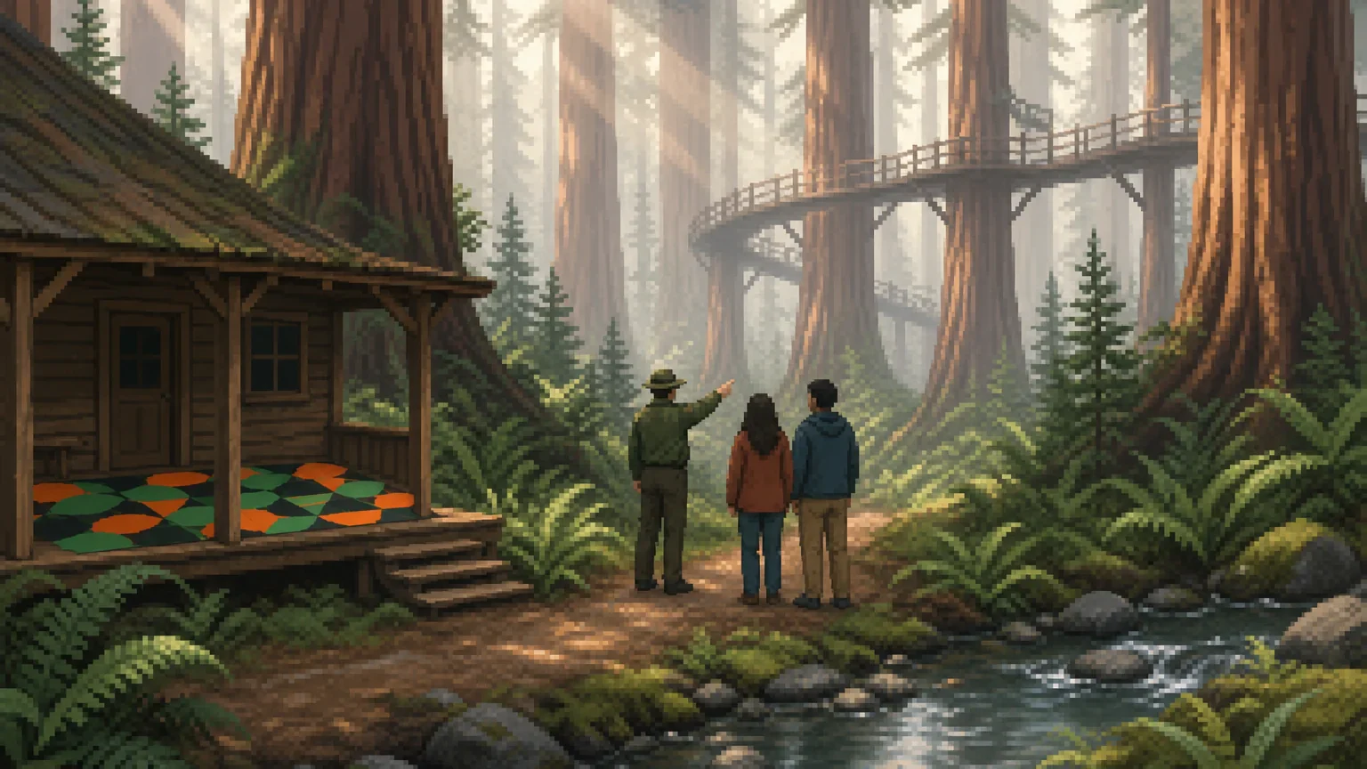 A ranger shows two visitors the path through a foggy redwood forest, past a cabin porch laid with leaf tiles.