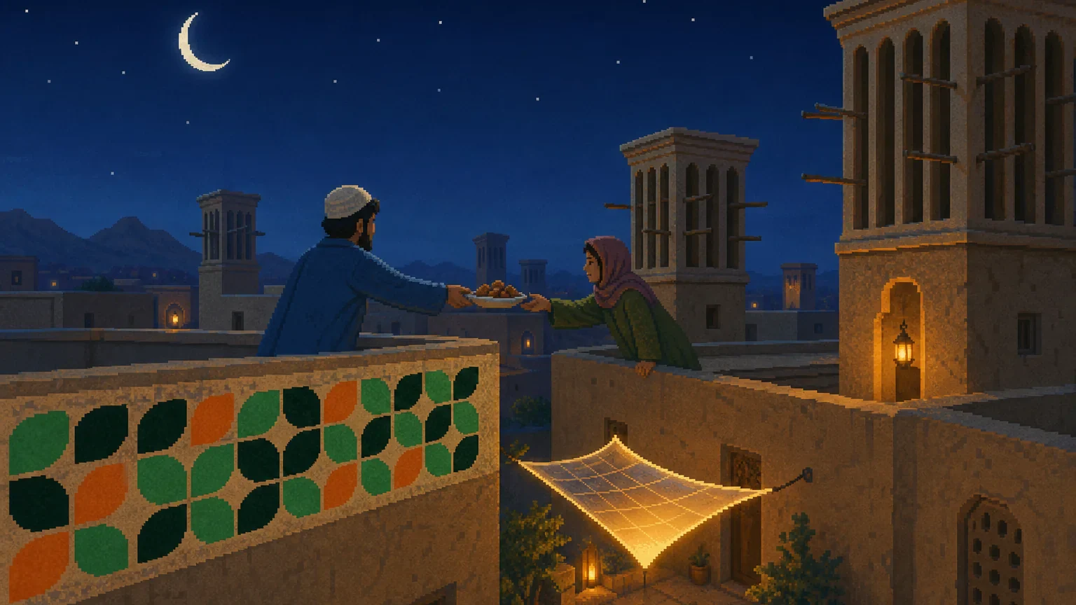 Neighbours on two moonlit rooftops pass a dish of sweets across the gap between them, beside a parapet tiled in green and orange leaves and tall wind towers.