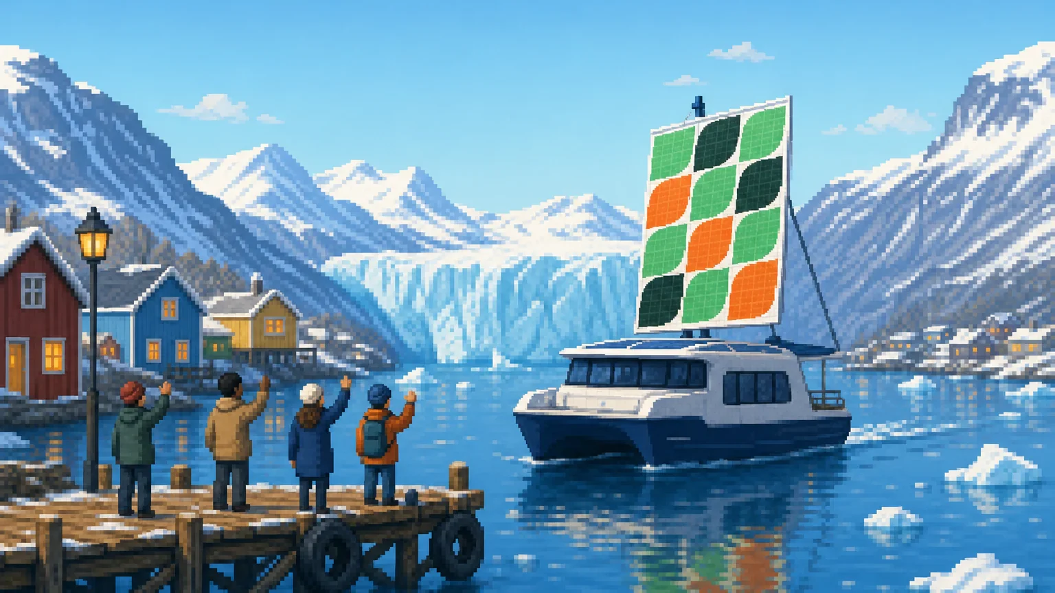 People on a snowy pier wave to a ferry arriving in a glacier fjord, its sail patterned with green and orange leaf tiles.