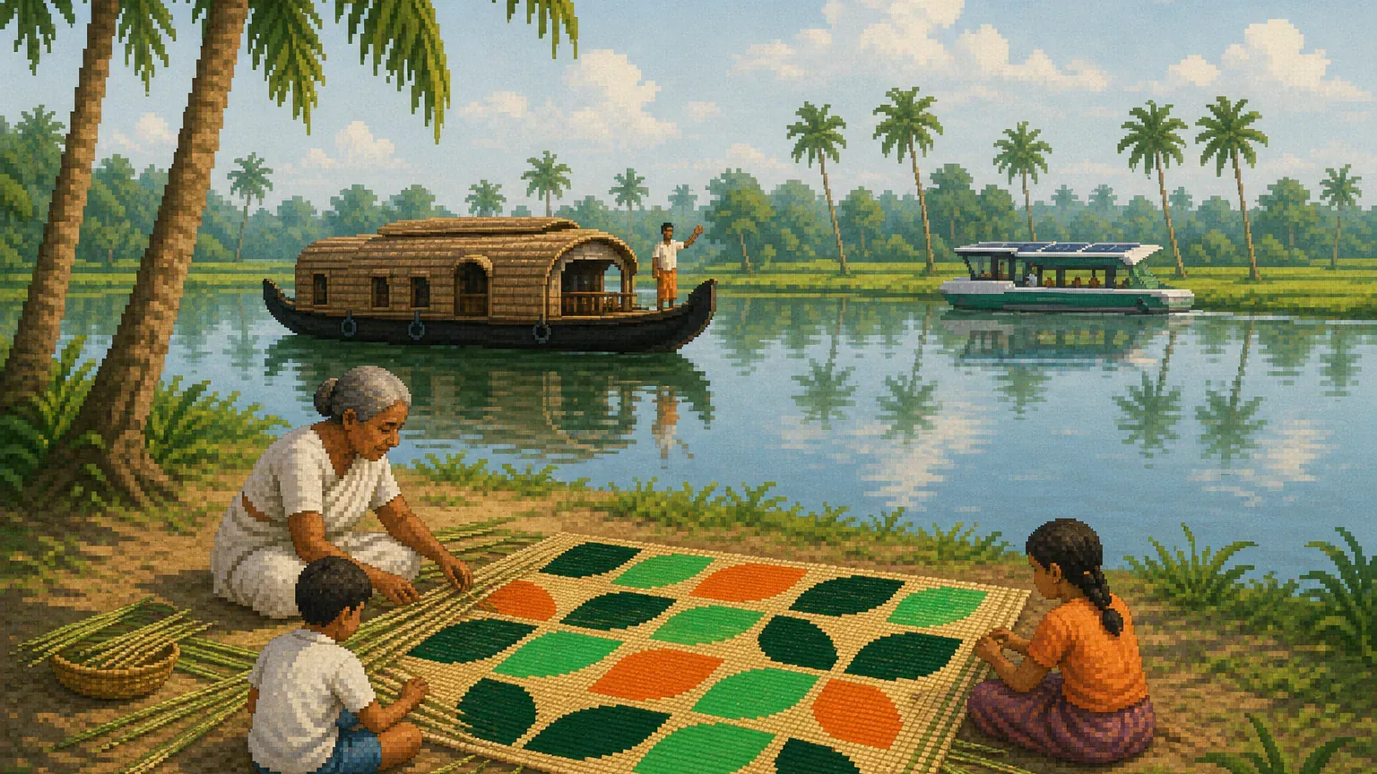 A grandmother shows two children how to weave a palm-leaf mat patterned in green and orange leaves on a riverbank, while a man waves from a houseboat on the backwater.