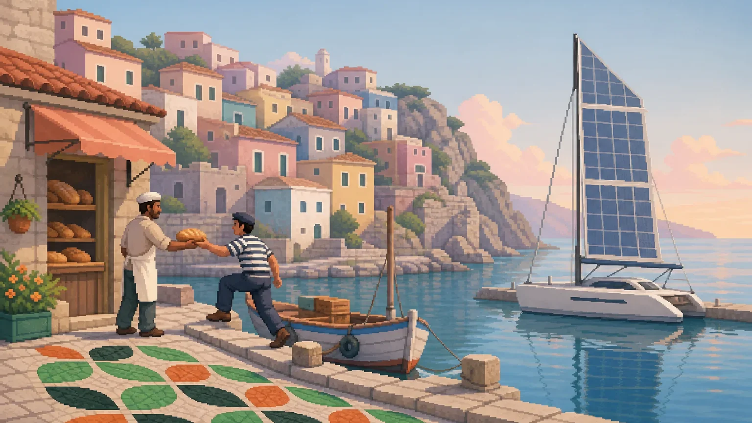 A baker hands bread to a sailor at a harbour of pastel houses, the quay paved in green and orange leaf tiles and a solar-sail boat moored behind.