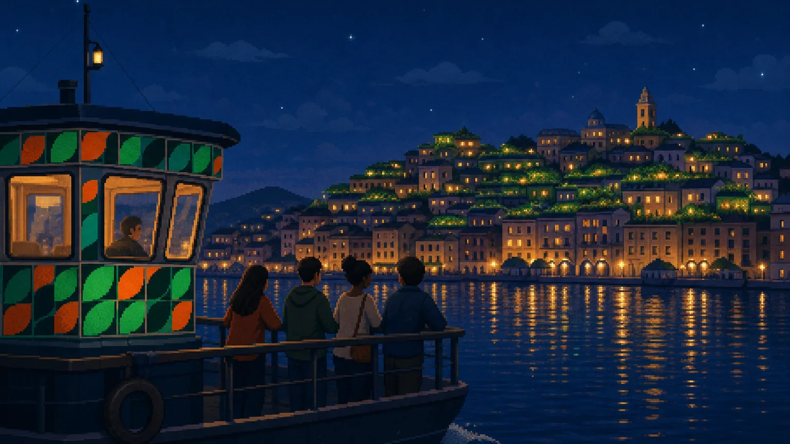 Passengers on a night ferry look at a harbour city's lit windows, the ferry's wheelhouse patterned in green and orange leaf tiles.