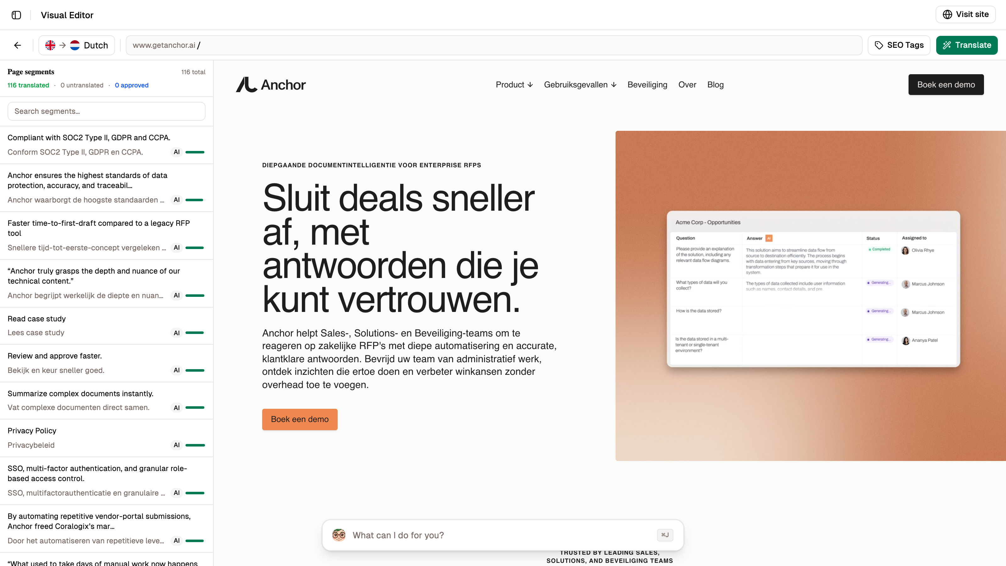 Visual translation editor showing side-by-side original and translated content